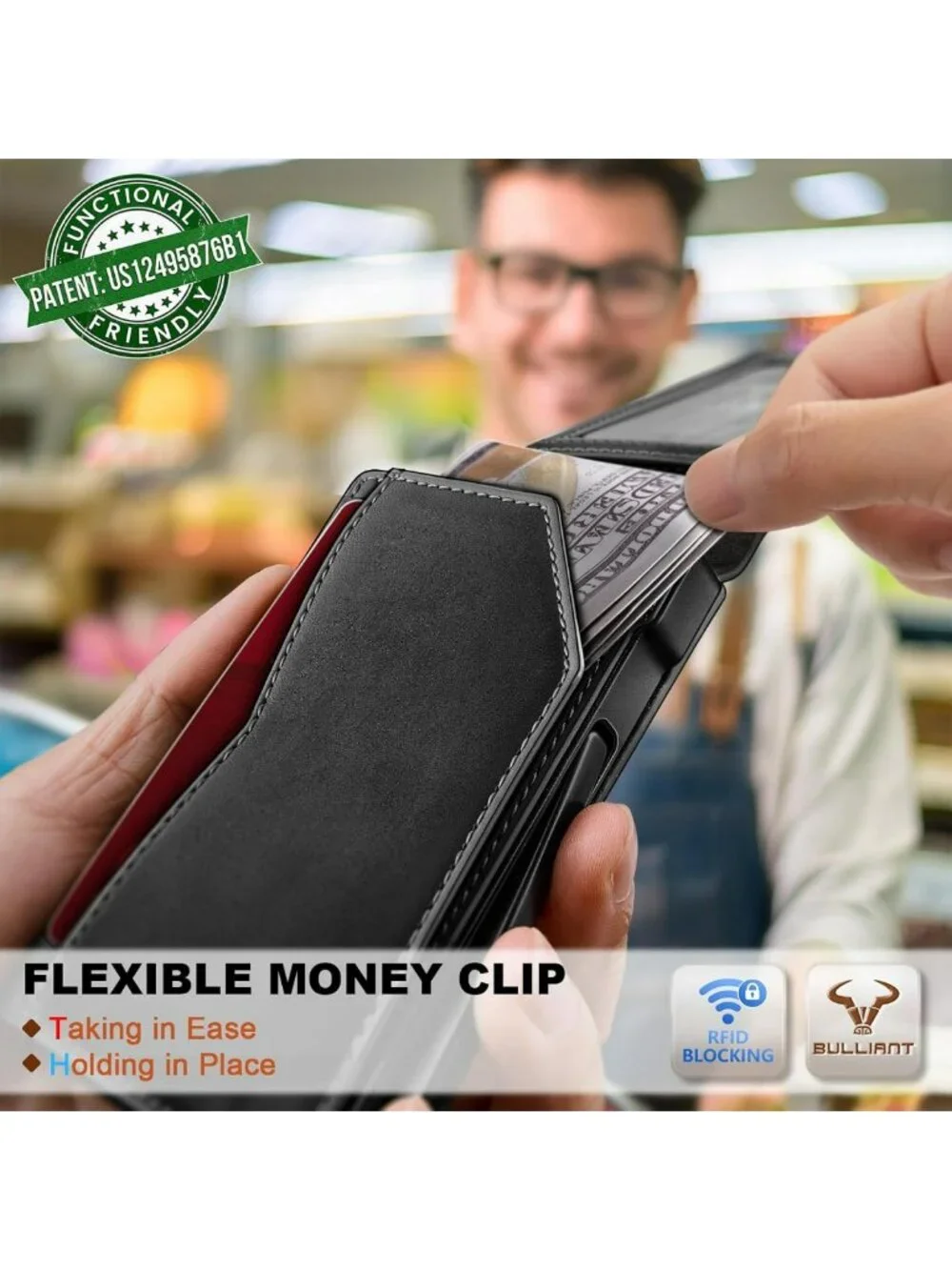 Slim Full Grain Leather Wallet with Metal Money Clip & Magnetic Closure for Men